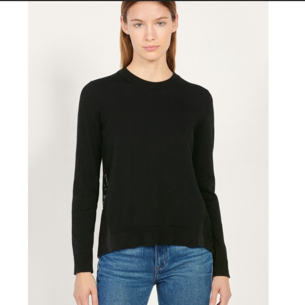 Sandro Paris -Black Merino Wool Knit Sweater with Lace Hem Inserts